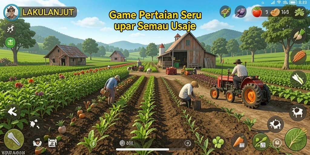 Tampilan gameplay menarik dalam LAKULANJUT dengan lahan pertanian yang luas.