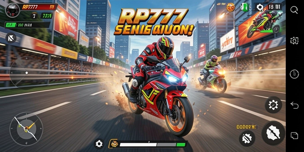 Screenshot RP777 menampilkan aksi balap motor yang mendebarkan.